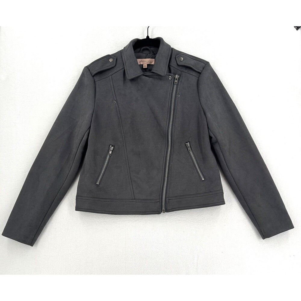 Philosophy Republic Faux Suede Moto Jacket Women M Gray Biker Zip Motorcycle
